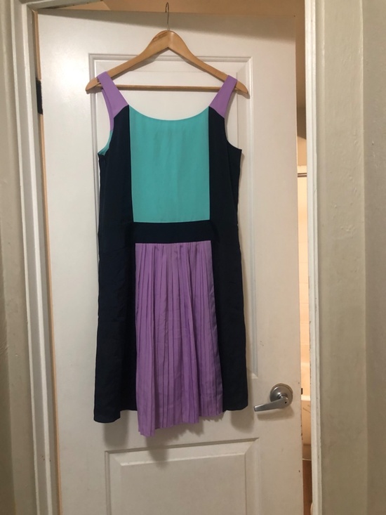 Betsey Johnson Pleated Sleeveless Navy Blue, Teal and Lilac Midi Dress - Picture 2 of 3
